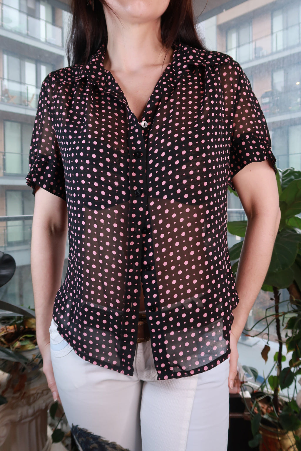 Vintage black sheer polka dot blouse by Elektra Vintage, women's Y2K pink dot button-up top with long sleeves.