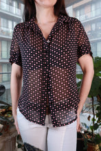 Load image into Gallery viewer, Vintage black sheer polka dot blouse by Elektra Vintage, women's Y2K pink dot button-up top with long sleeves.
