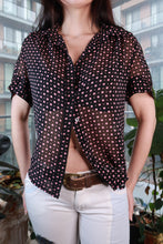 Load image into Gallery viewer, Vintage black sheer polka dot blouse by Elektra Vintage, pink dot button-up top, women's Y2K-inspired fashion with long sleeves
