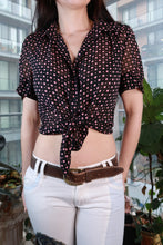Load image into Gallery viewer, Women's vintage black sheer polka dot blouse with pink buttons, Y2K style, by Elektra Vintage, featuring a feminine button-up design.
