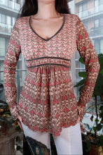 Load image into Gallery viewer, Vintage 2000s boho-style women's empire waist top by Elektra Vintage, pink and brown sheer mesh blouse with Y2K print.
