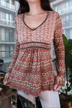 Load image into Gallery viewer, Vintage 2000s boho print empire waist women's top by Elektra Vintage, featuring a pink and brown sheer mesh design.
