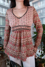 Load image into Gallery viewer, Elektra Vintage 2000s boho print empire waist top in pink and brown sheer mesh fabric, women's Y2K blouse with boho style.

