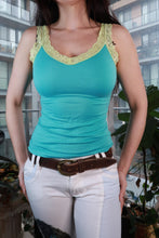 Load image into Gallery viewer, Vintage aqua lace trim tank top for women by Elektra Vintage, fitted stretch Y2K style camisole with lace details.
