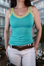 Load image into Gallery viewer, Vintage Aqua Lace Trim Tank Top by Elektra Vintage, fitted Y2K-style stretch cami for women, showcasing lace details and sleek fit.
