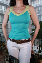 Load image into Gallery viewer, Women's vintage aqua lace trim tank top by Elektra Vintage, fitted stretch Y2K-style camisole with lace detail.
