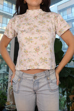 Load image into Gallery viewer, Vintage 90s White Floral Mock Neck Baby Tee with Pink Ribbon Floral Print - Elektra Vintage

