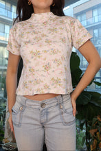 Load image into Gallery viewer, Vintage 90s White Floral Mock Neck Baby Tee with Pink Ribbon Floral Print - Elektra Vintage
