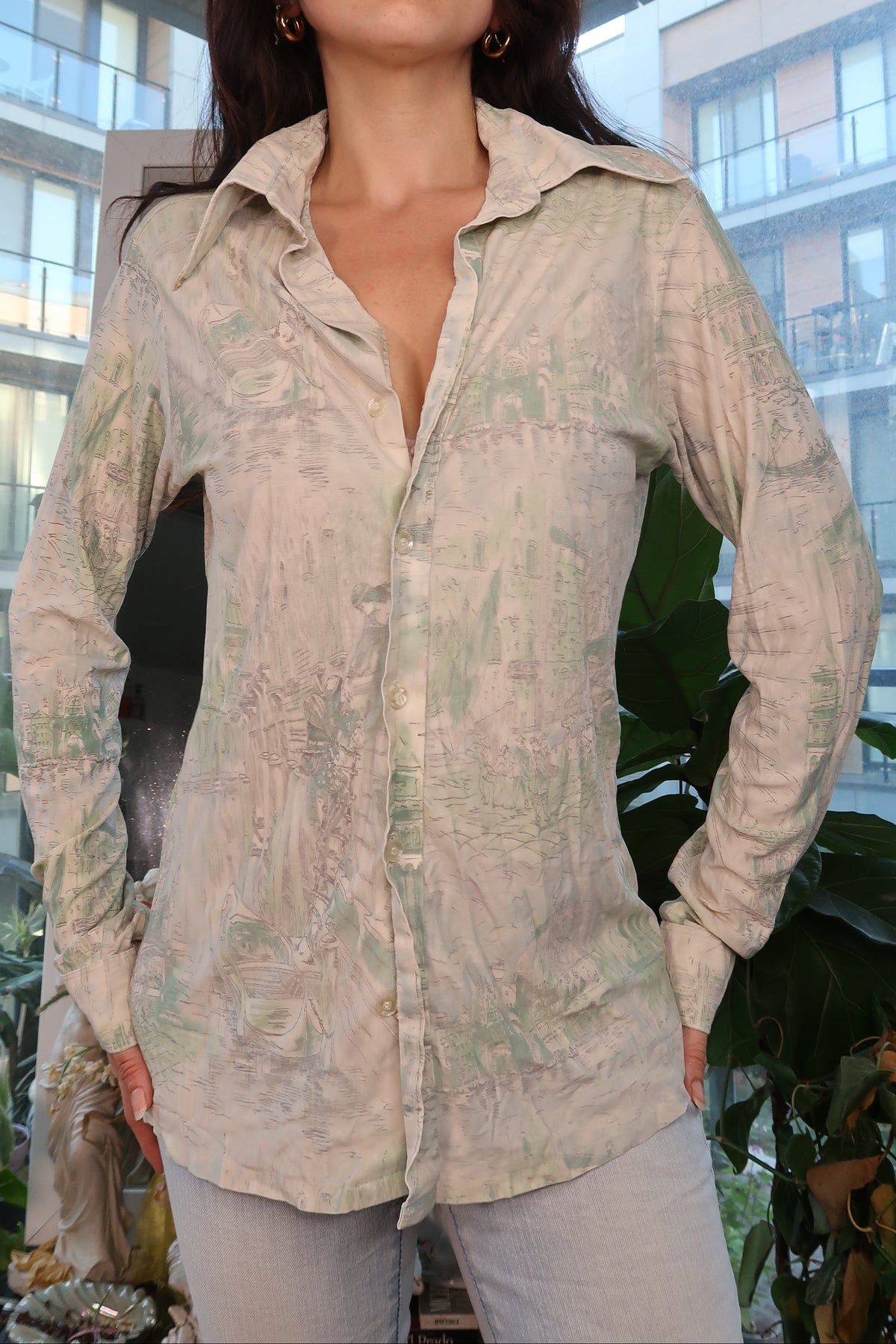 Vintage 1970s Venice Canal Cityscape Print Blouse