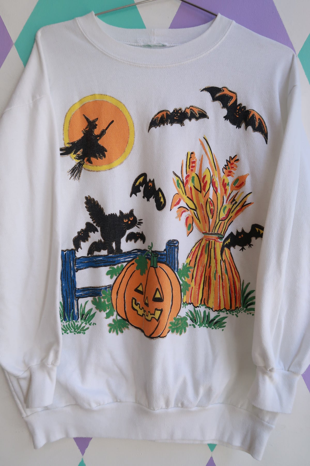 Vintage Halloween Witch Cat Pumpkin Graphic Sweatshirt