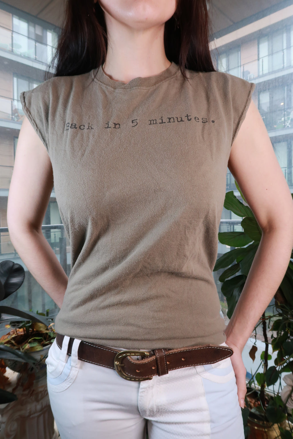 Vintage 2000s No Boundaries olive muscle tank top for women by Elektra Vintage, featuring “Back in 5 Minutes” graphic.