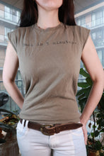 Load image into Gallery viewer, Vintage 2000s No Boundaries olive muscle tank top for women by Elektra Vintage, featuring “Back in 5 Minutes” graphic.
