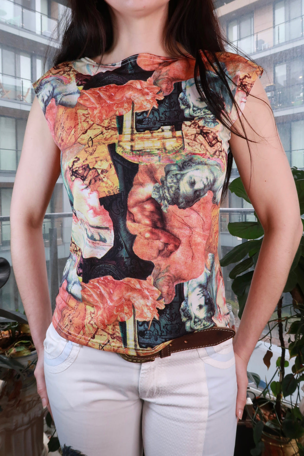 Vintage 2000s Renaissance art print fitted women's top by Elektra Vintage featuring classical statue graphic and Y2K style.