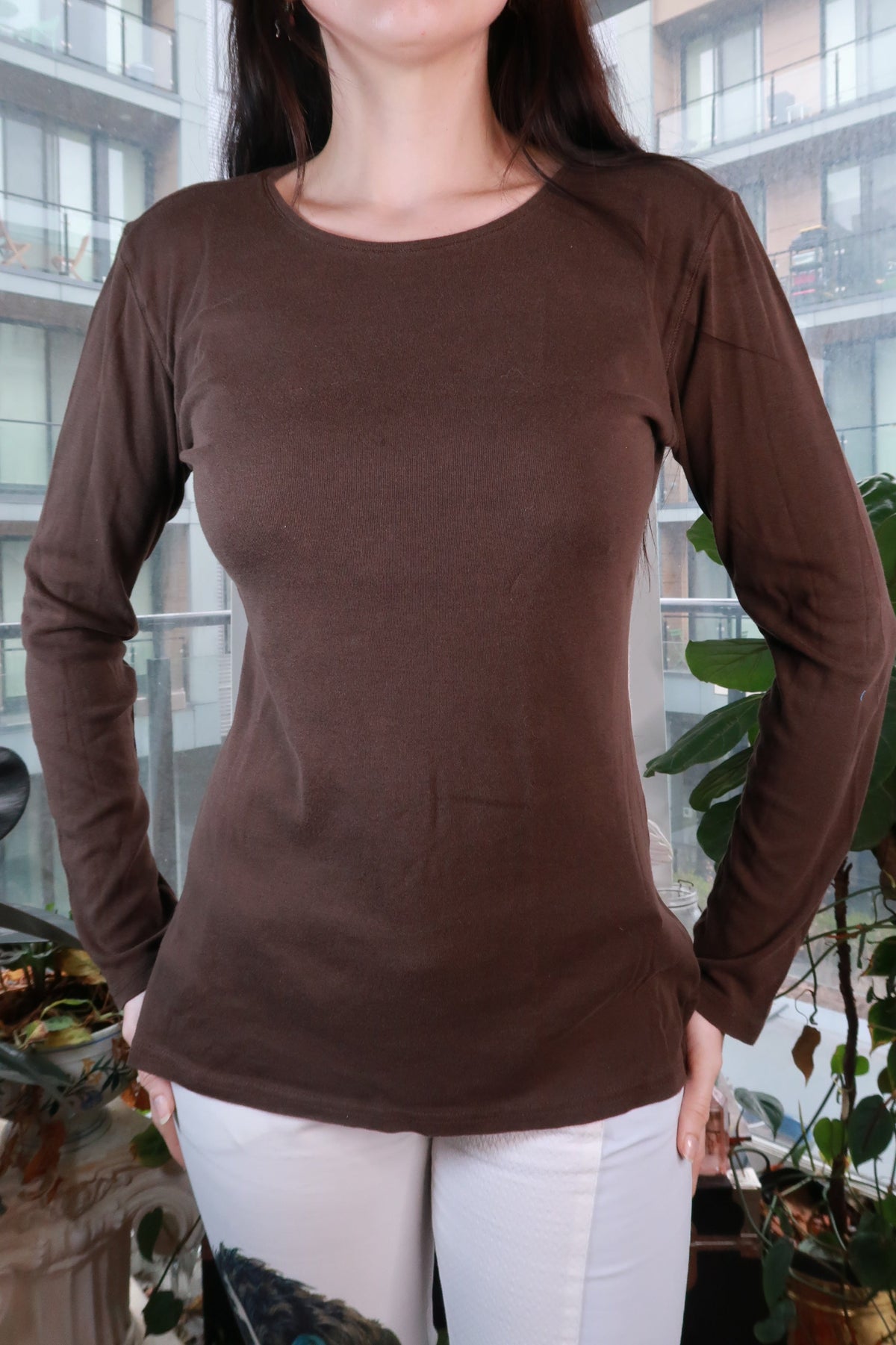 Chocolate brown vintage fitted long sleeve women's top by Elektra Vintage with a Y2K minimal crewneck style.
