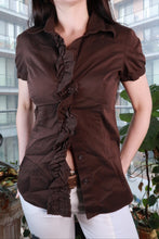 Load image into Gallery viewer, Chocolate brown ruffle front button-up blouse for women by Elektra Vintage, vintage 2000s style with feminine ruffle details.
