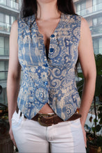 Load image into Gallery viewer, Vintage 2000s women's vest top with blue and cream patchwork print, button front, from Elektra Vintage.
