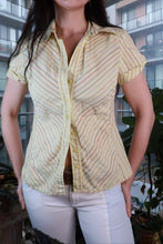 Load image into Gallery viewer, Vintage 2000s butter yellow pinstripe fitted button-up blouse for women by Elektra Vintage, with classic collar and long sleeves.
