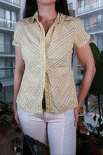 Load image into Gallery viewer, Vintage 2000s butter yellow pinstripe fitted women's blouse by Elektra Vintage, with button-up front and tailored fit.
