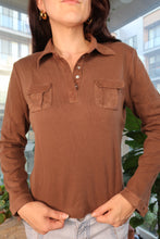 Load image into Gallery viewer, Vintage Y2K Chocolate Brown Long Sleeve Polo Top with Faux Suede Pockets
