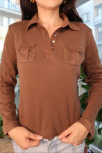 Load image into Gallery viewer, Vintage Y2K Chocolate Brown Long Sleeve Polo Top with Faux Suede Pockets
