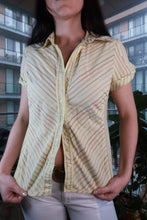 Load image into Gallery viewer, Vintage 2000s butter yellow pinstripe fitted button-up blouse for women by Elektra Vintage, shown on a hanger.
