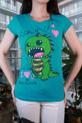 Women's vintage dinosaur graphic tee by Elektra Vintage featuring a "Rawr!!" design, perfect for cute Y2K kawaii style.