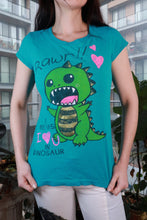 Load image into Gallery viewer, Elektra Vintage women's graphic tee featuring a vintage "Rawr!!" dinosaur design, cute Y2K Kawaii style top.
