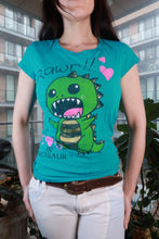 Load image into Gallery viewer, Elektra Vintage women's T-shirt with a vintage "Rawr!!" dinosaur graphic, featuring a cute Y2K kawaii style design.
