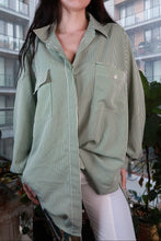 Load image into Gallery viewer, Vintage green and white pinstripe oversized women's button-up shirt by Elektra Vintage, showing the relaxed fit and classic collar.
