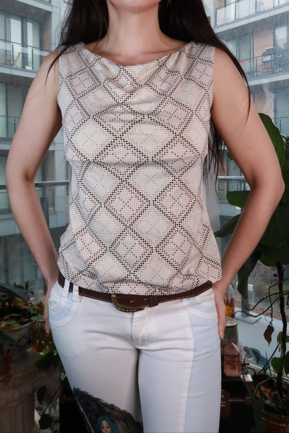 Elektra Vintage women's sleeveless cowl neck top with cream and brown geometric print from the 2000s.