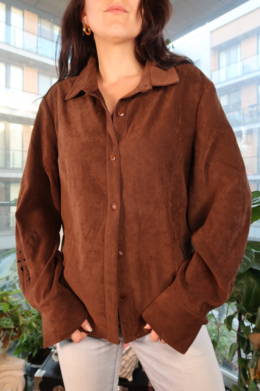Brown Faux Suede Button-Up Shirt