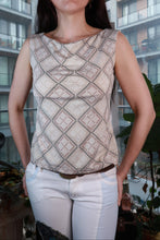 Load image into Gallery viewer, Vintage 2000s cream and brown geometric print sleeveless cowl neck top by Elektra Vintage, shown on a hanger.
