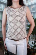 Load image into Gallery viewer, Vintage 2000s cream and brown geometric print sleeveless cowl neck top by Elektra Vintage, shown on a mannequin.
