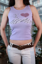 Load image into Gallery viewer, Vintage lavender rhinestone tank top with Y2K I ♥ Zebra Mustache graphic and ribbed fabric, by Elektra Vintage women's top.
