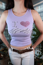 Load image into Gallery viewer, Vintage lavender rhinestone tank top with Y2K zebra mustache graphic and ribbed fabric, styled as a women's camisole by Elektra Vintage.
