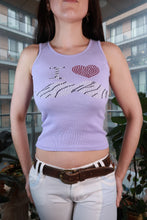 Load image into Gallery viewer, Vintage lavender rhinestone tank top featuring a Y2K I ♥ Zebra Mustache graphic, ribbed cami style by Elektra Vintage.
