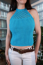 Load image into Gallery viewer, Vintage 2000s turquoise crochet halter knit crop top for women, featuring a fitted design and intricate stitching.
