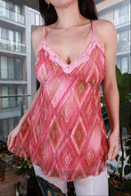Load image into Gallery viewer, Vintage 2000s pink sheer lace trim babydoll cami top for women, featuring geometric lace details and a delicate, feminine design.
