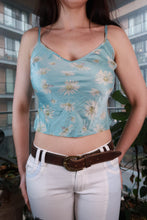 Load image into Gallery viewer, Vintage 2000s Victoria’s Secret blue daisy floral satin cami top for women, featuring delicate floral print and satin fabric.
