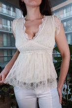 Load image into Gallery viewer, Vintage ivory lace babydoll top by Elektra Vintage, 2000s Y2K romantic empire waist peplum women's top with lace details.
