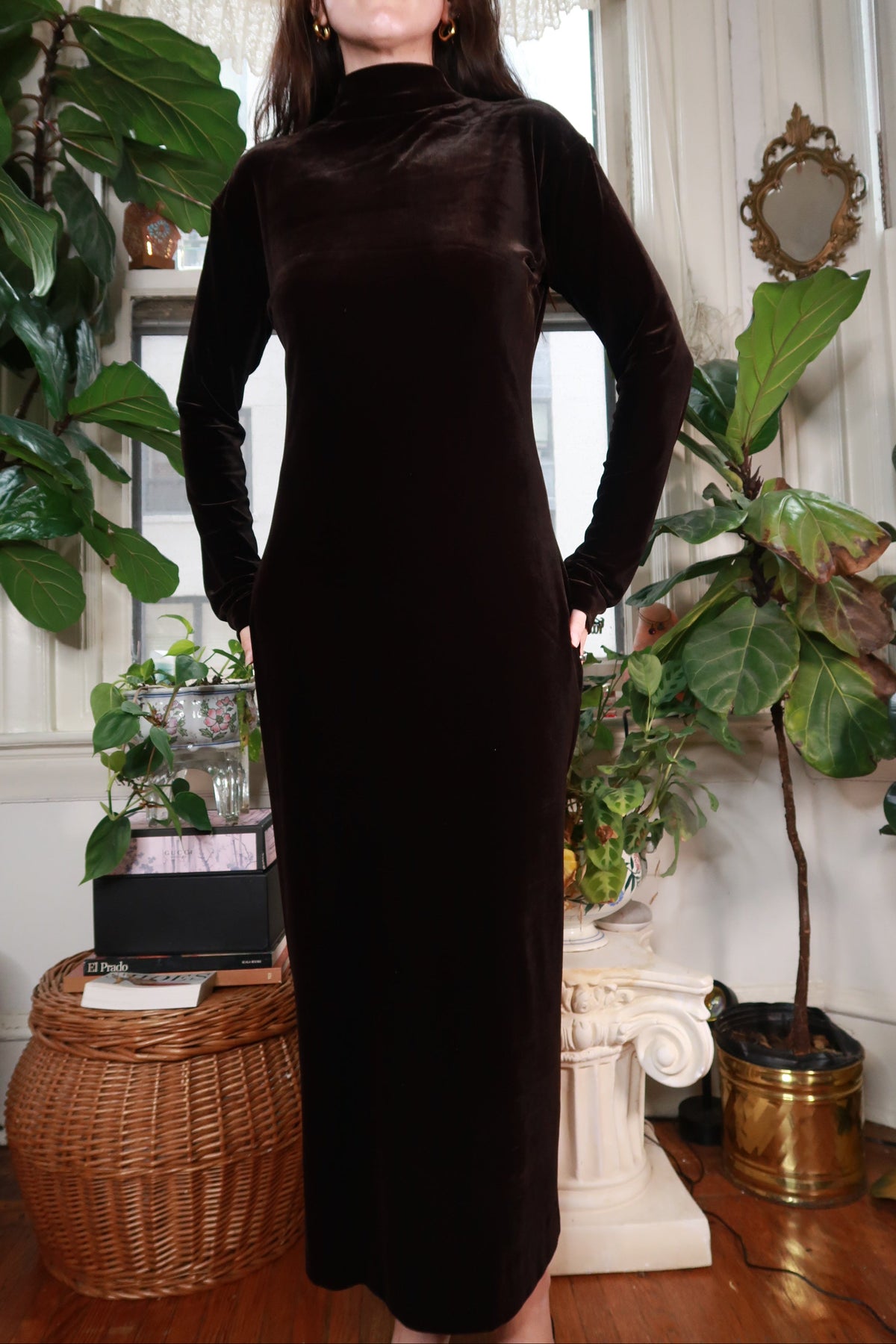 Vintage Brown Velvet Turtleneck Maxi Dress