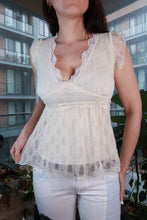 Load image into Gallery viewer, Vintage ivory lace babydoll top by Elektra Vintage, 2000s Y2K style with empire waist and romantic peplum detail for women.
