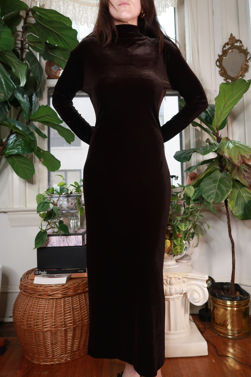 Vintage Brown Velvet Turtleneck Maxi Dress