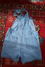 Load image into Gallery viewer, Vintage 1990s denim embroidered overall shorts dress by Elektra Vintage, featuring colorful embroidery and classic denim fabric.
