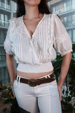Load image into Gallery viewer, Vintage white lace peasant blouse by Elektra Vintage, boho smocked crop top with lace details and relaxed fit for women.
