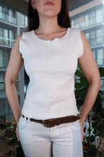 Load image into Gallery viewer, White ribbed sleeveless top by Elektra Vintage, Y2K minimal fitted tank for women, shown on a hanger.
