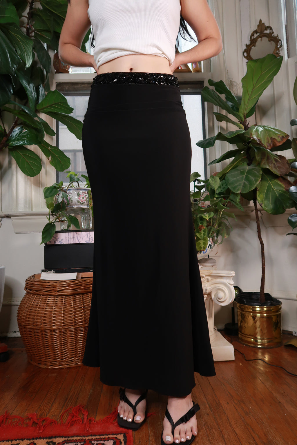 Vintage Black Beaded Waist Maxi Skirt