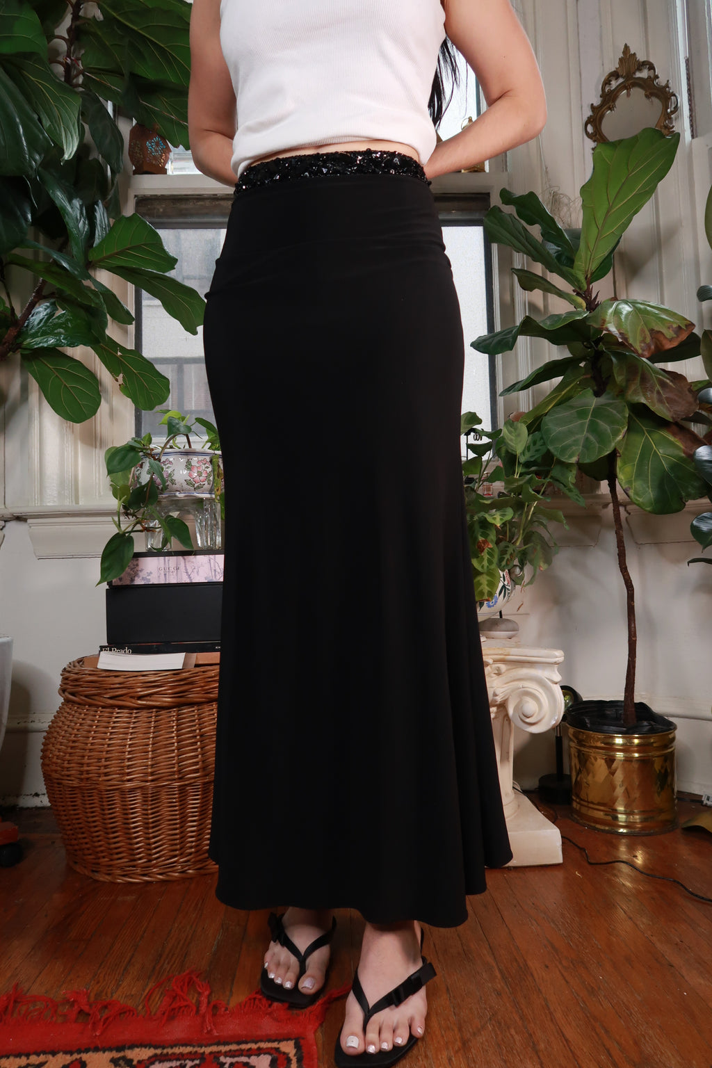 Vintage Black Beaded Waist Maxi Skirt