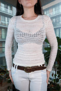 Elektra Vintage women's cream open-knit lace top with sheer crochet long sleeves, vintage 2000s BCBG Y2K designer style.