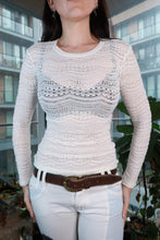 Load image into Gallery viewer, Elektra Vintage women's cream open-knit lace top with sheer crochet long sleeves, vintage 2000s BCBG Y2K designer style.
